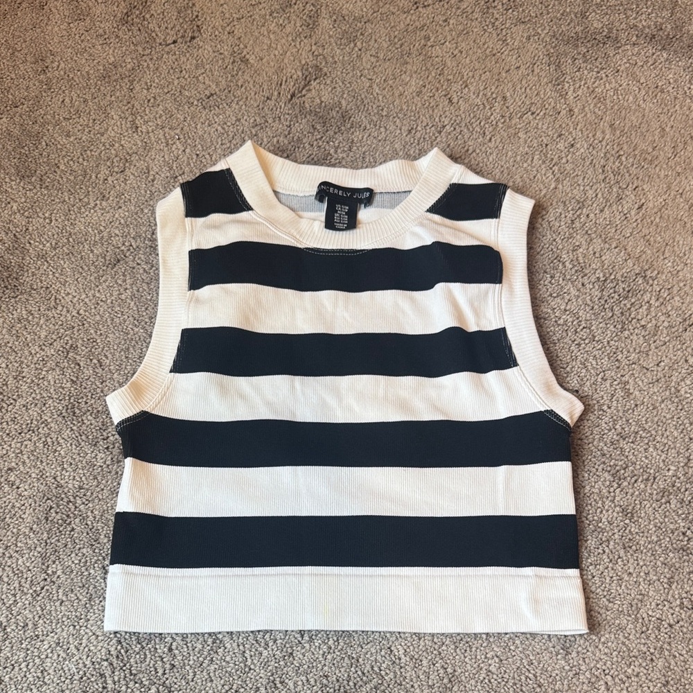 Sincerely Jules Black White Striped Crop Tank Top SIZE S Ribbed Sleeveless